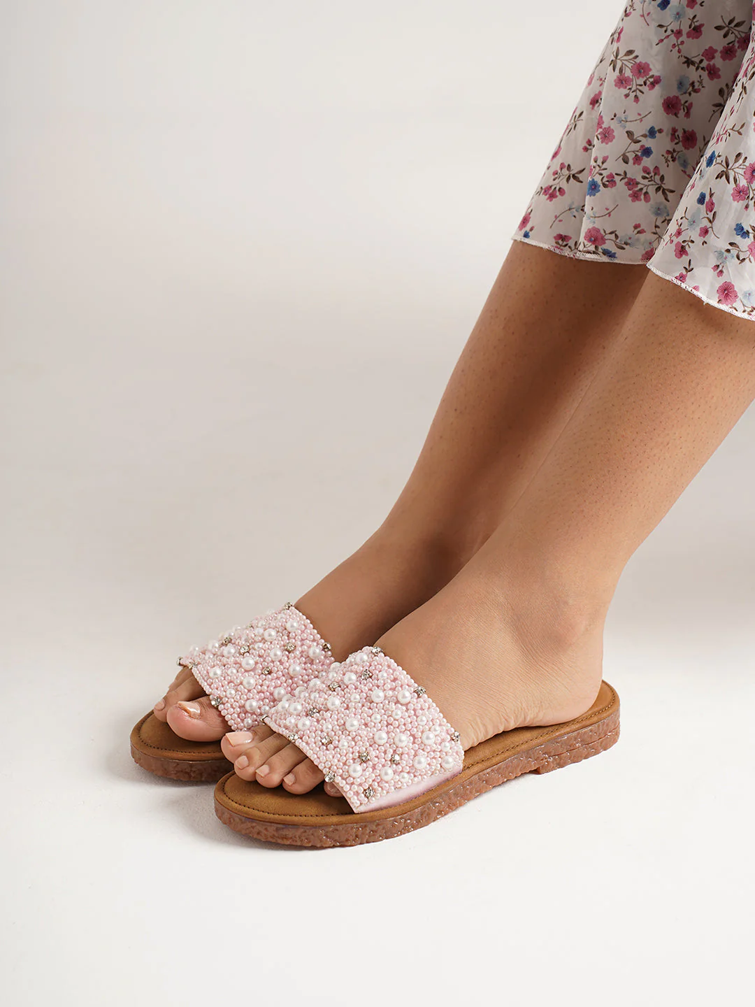 Pearl Embellished Rhinestone Flat Slides Sandals with Cushioned Suede Footbed Comfort. - Image 15