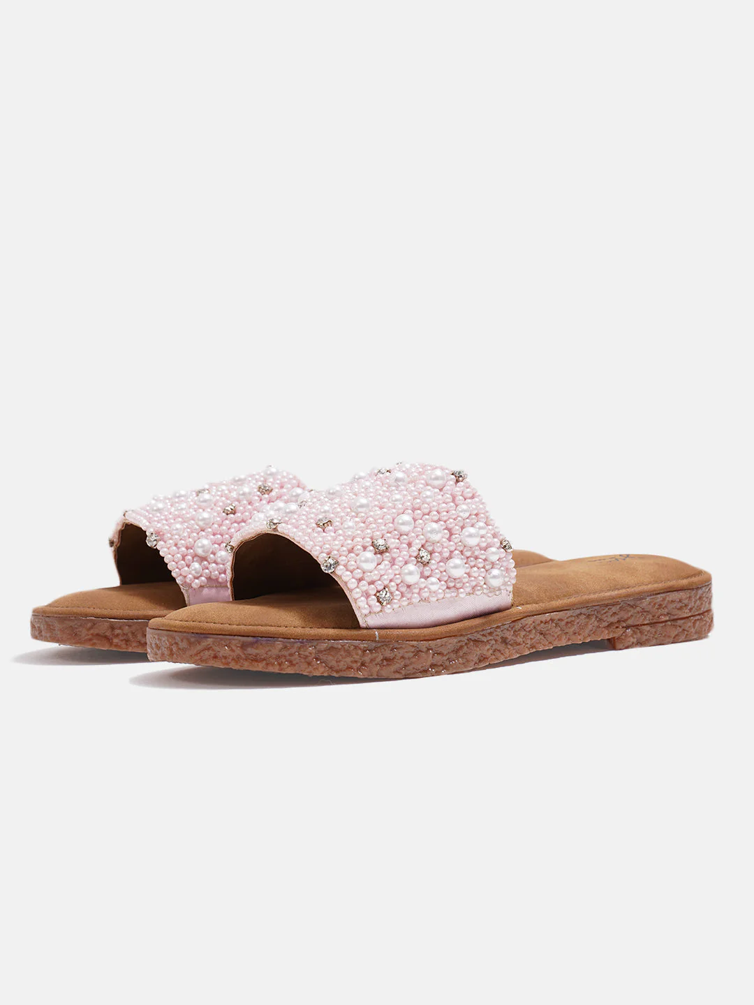 Pearl Embellished Rhinestone Flat Slides Sandals with Cushioned Suede Footbed Comfort. - Image 17