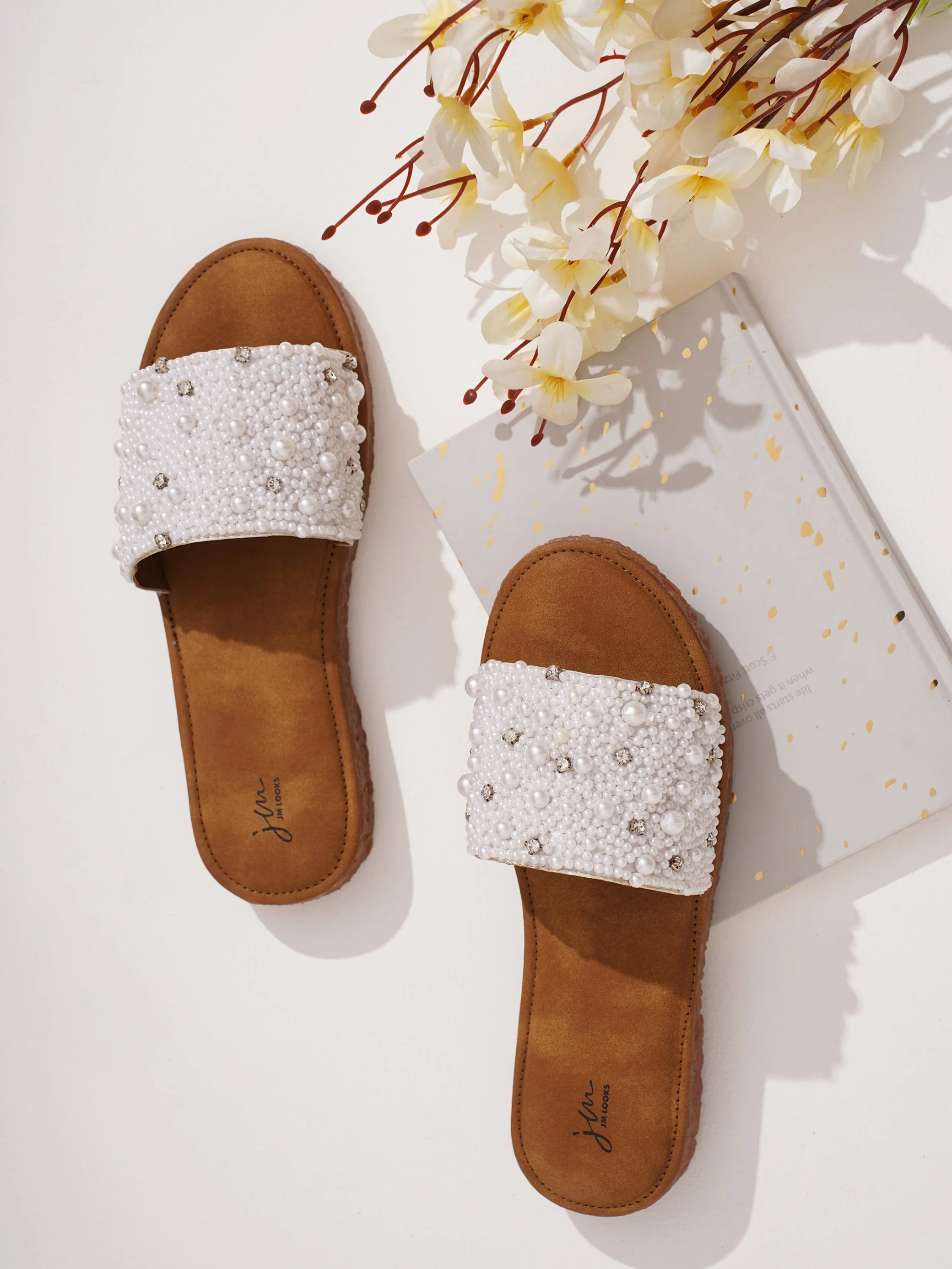 Pearl Embellished Rhinestone Flat Slides Sandals with Cushioned Suede Footbed Comfort. - Image 2