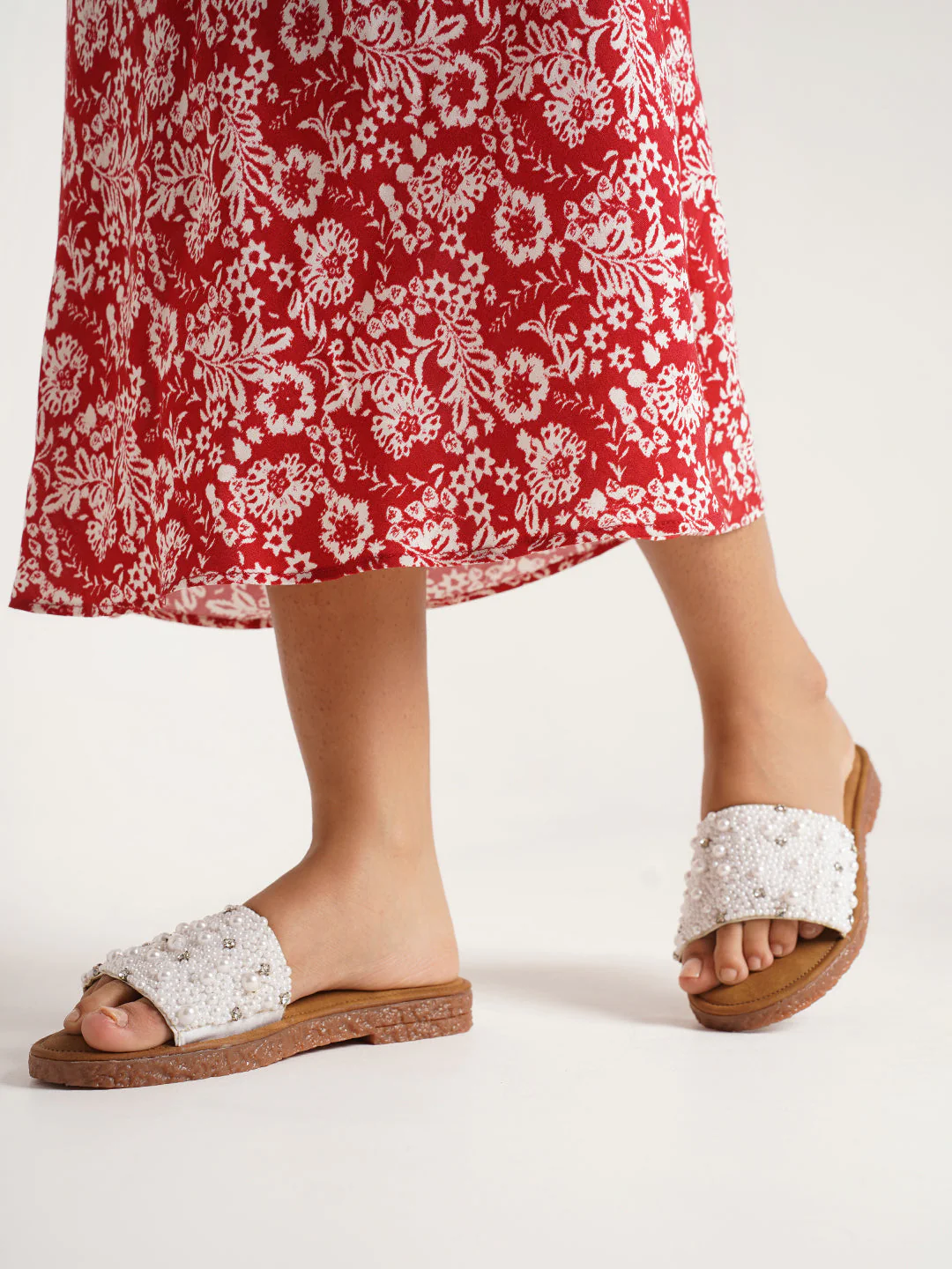 Pearl Embellished Rhinestone Flat Slides Sandals with Cushioned Suede Footbed Comfort. - Image 3