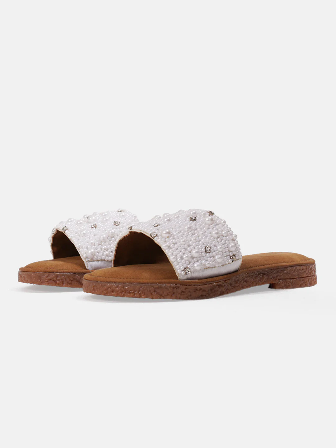 Pearl Embellished Rhinestone Flat Slides Sandals with Cushioned Suede Footbed Comfort. - Image 5