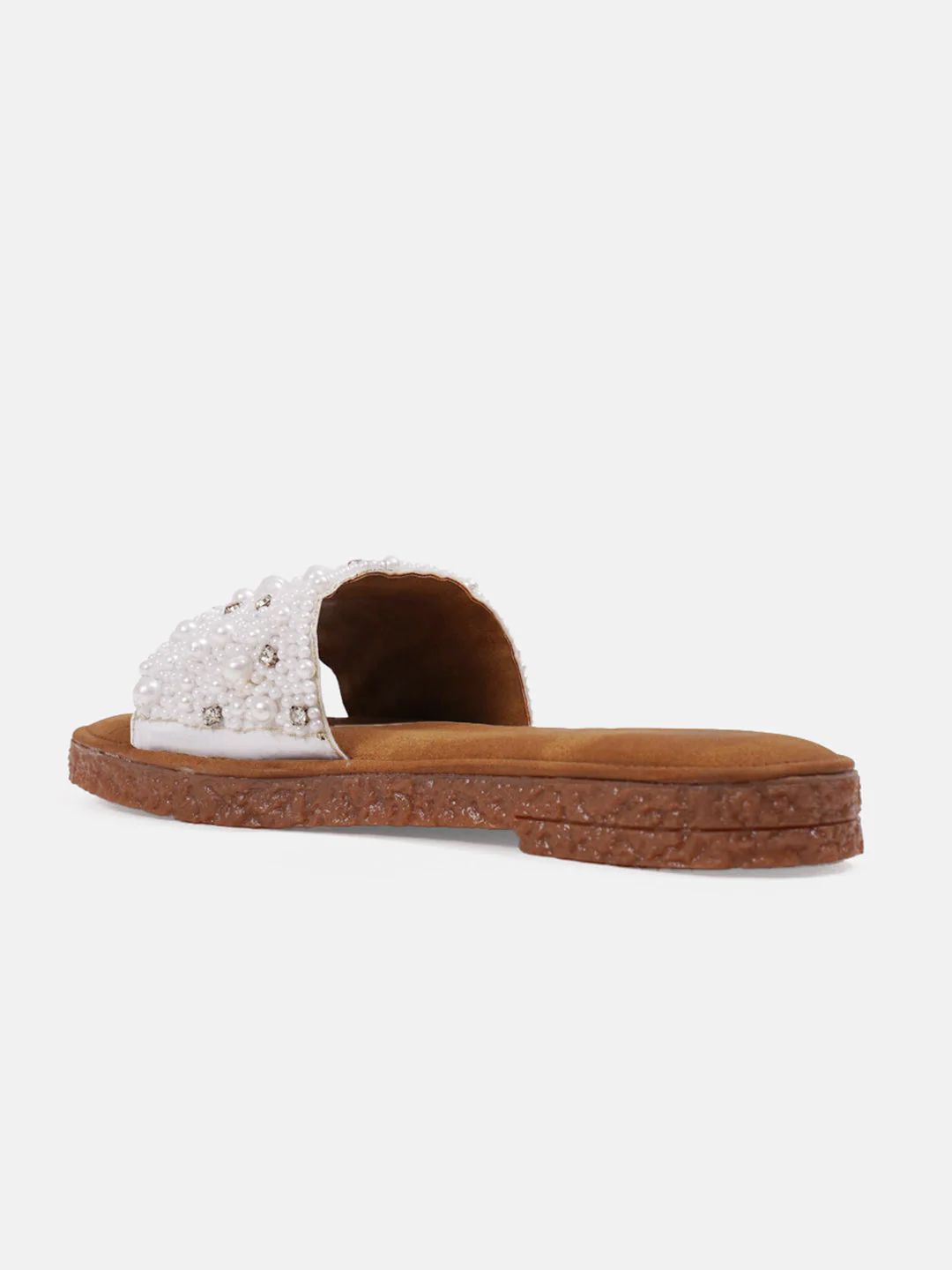 Pearl Embellished Rhinestone Flat Slides Sandals with Cushioned Suede Footbed Comfort. - Image 6