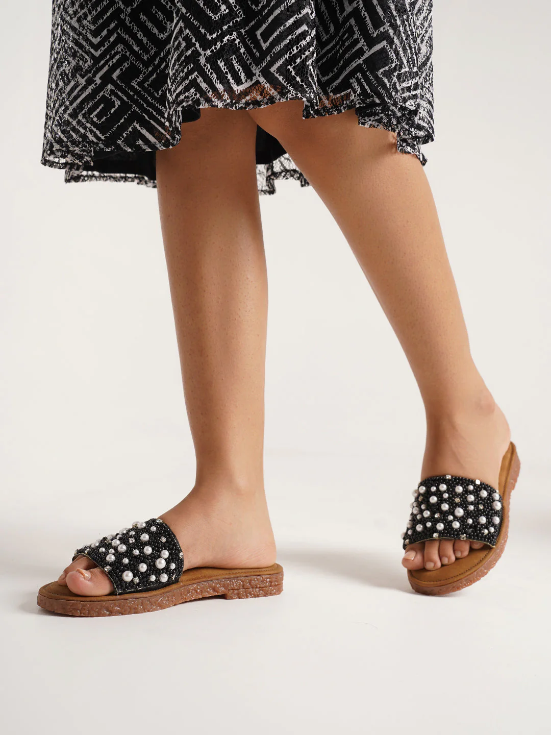 Pearl Embellished Rhinestone Flat Slides Sandals with Cushioned Suede Footbed Comfort. - Image 9