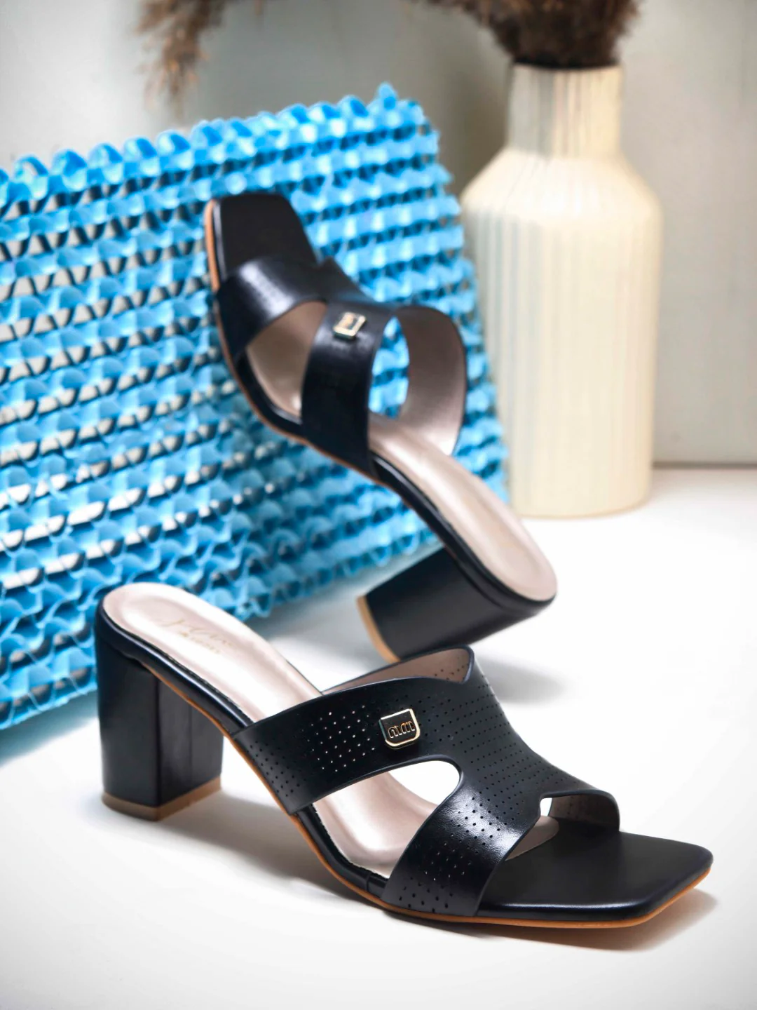 Perforated with H Strap Design Block Heel Mules with Open Toe