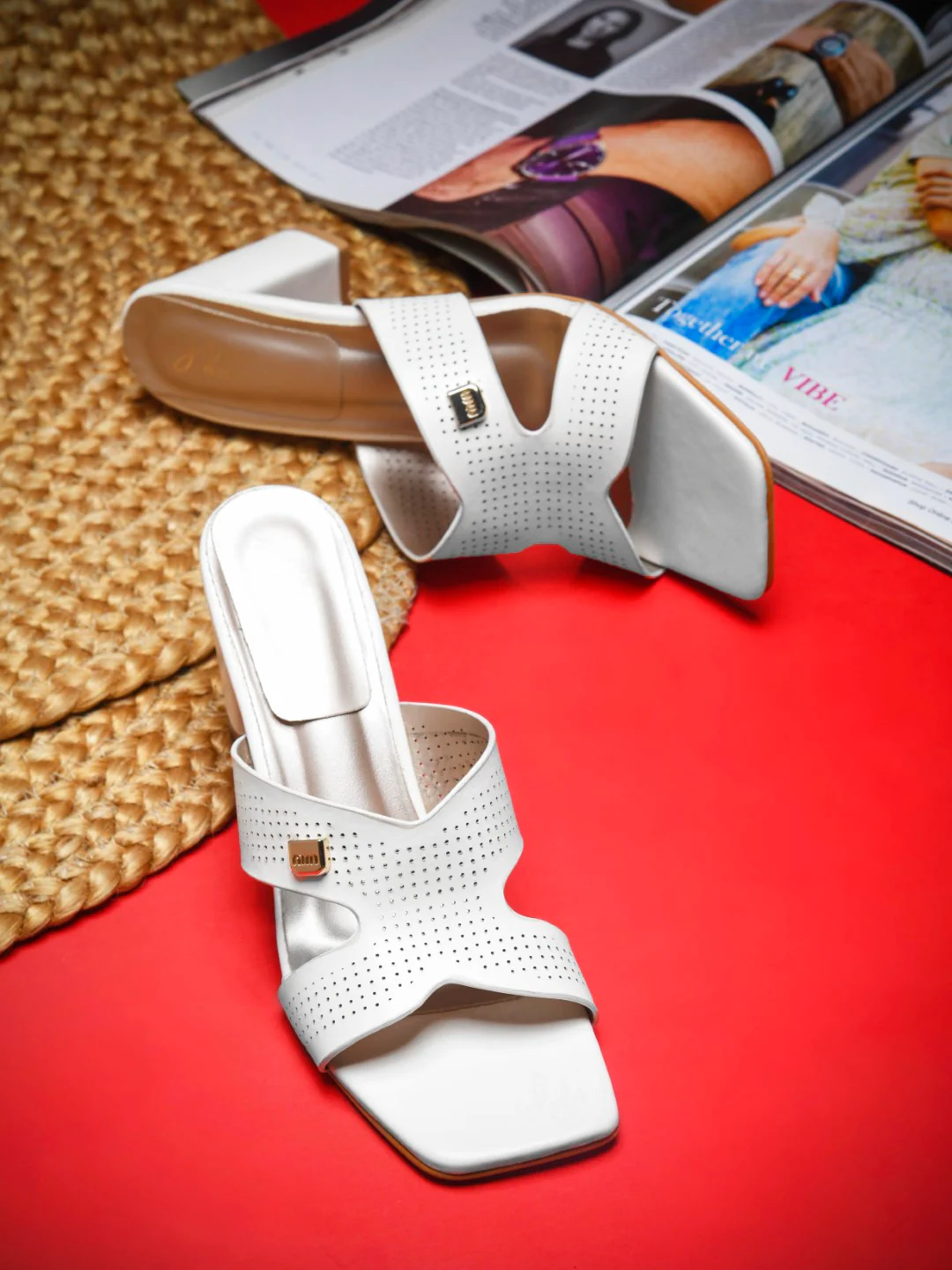 Perforated with H Strap Design Block Heel Mules with Open Toe - Image 7