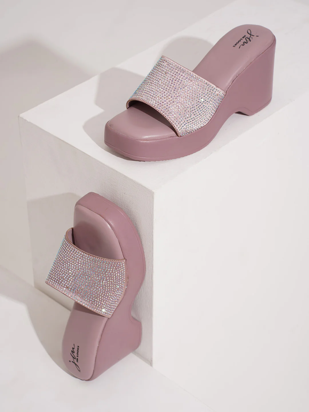 JM Looks Platform Wedges with Rhinestone Embellished Strap - Image 5