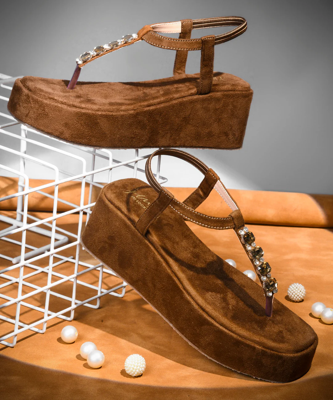 Platform T-Strap Wedge Sandals with Stone