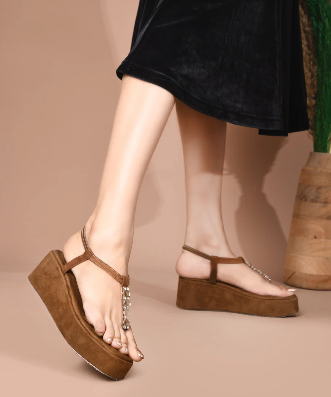Platform T-Strap Wedge Sandals with Stone - Image 4