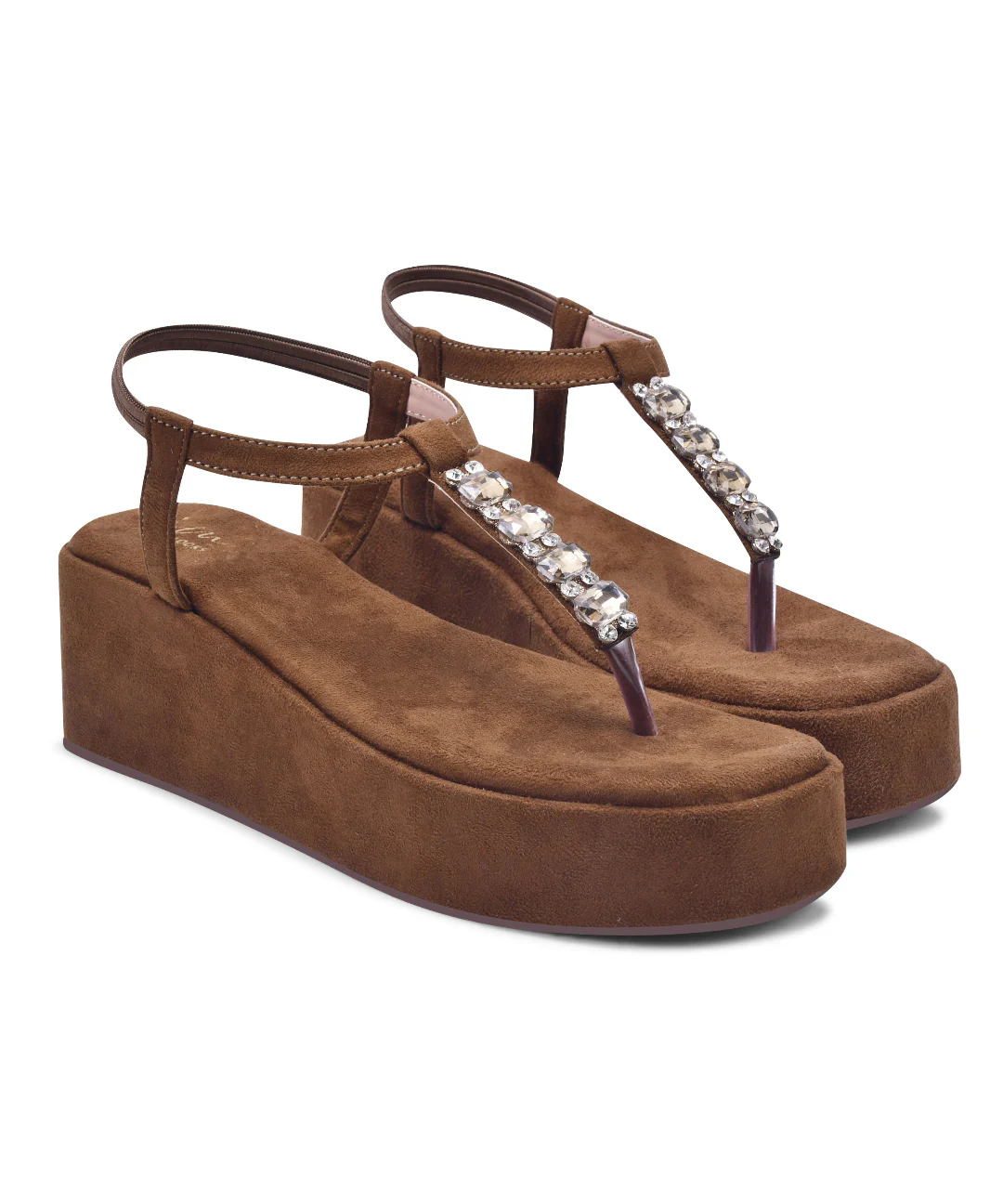 Platform T-Strap Wedge Sandals with Stone - Image 5