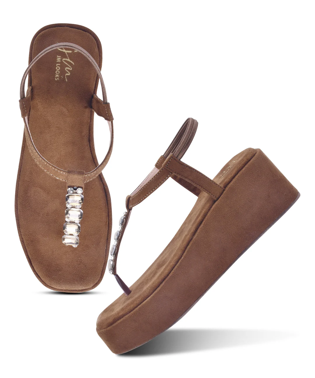 Platform T-Strap Wedge Sandals with Stone - Image 6