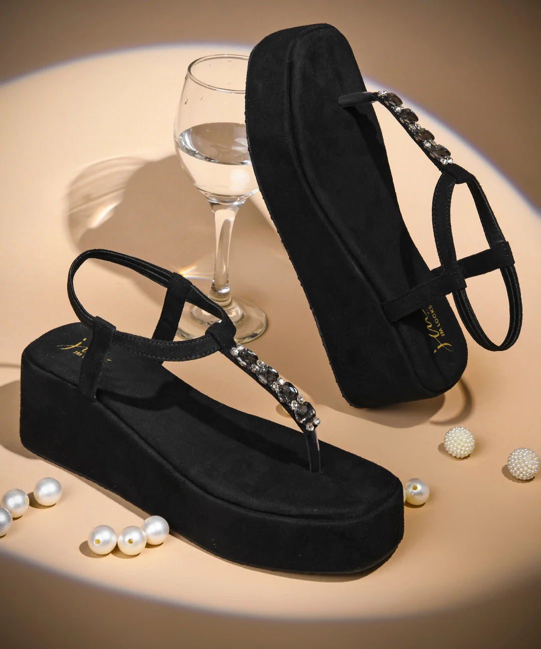 Platform T-Strap Wedge Sandals with Stone - Image 7