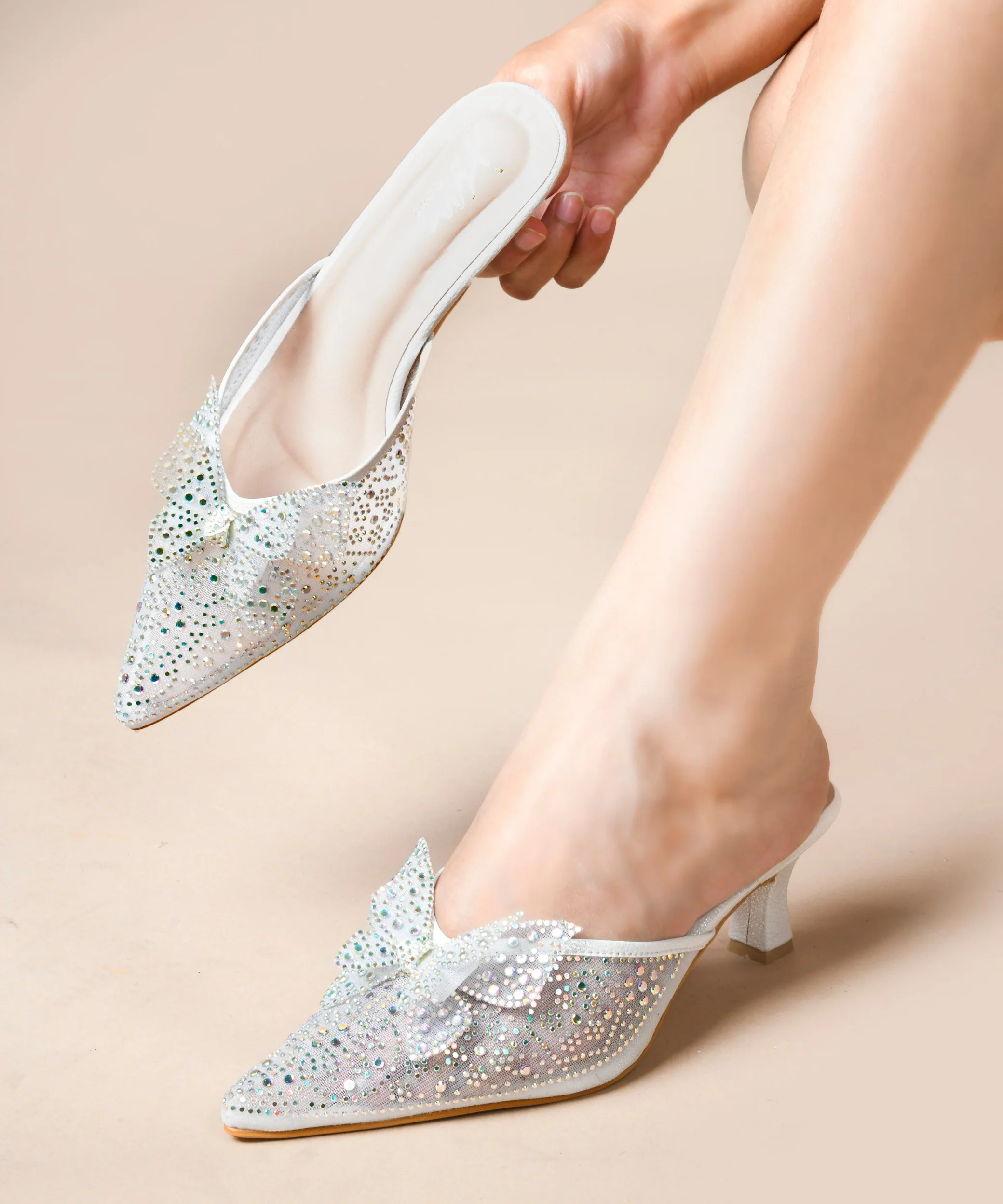 Rhinestone Bowknot Heeled Mules - Image 7