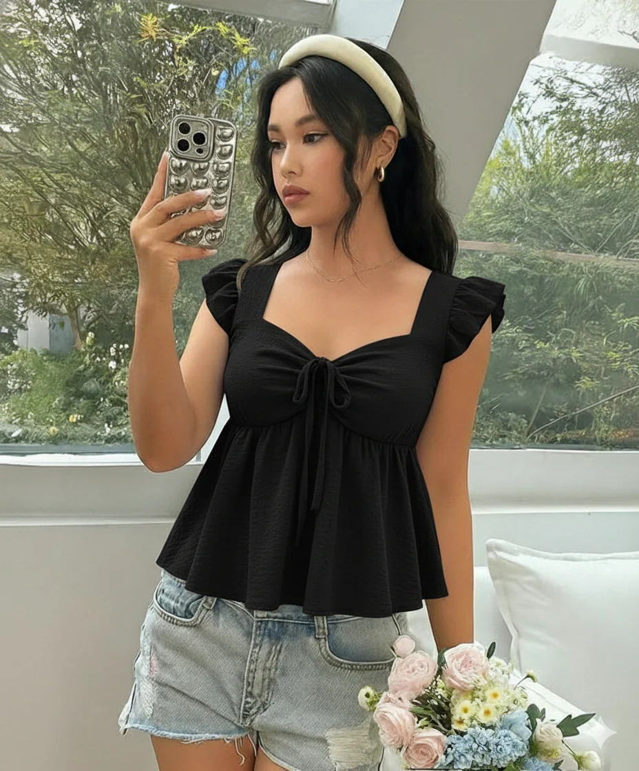 Ruffle Trim Blouse With Sweetheart Neckline - Image 7