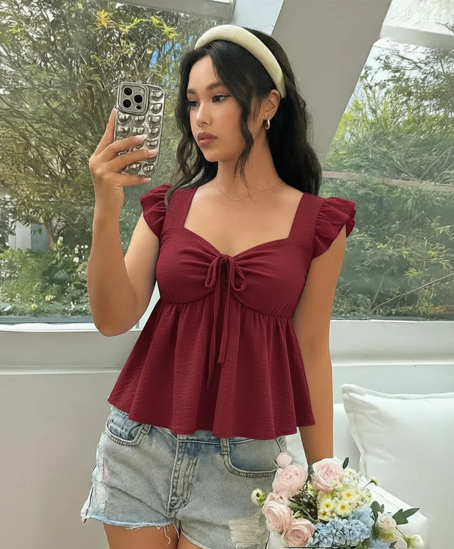 Ruffle Trim Blouse With Sweetheart Neckline - Image 8