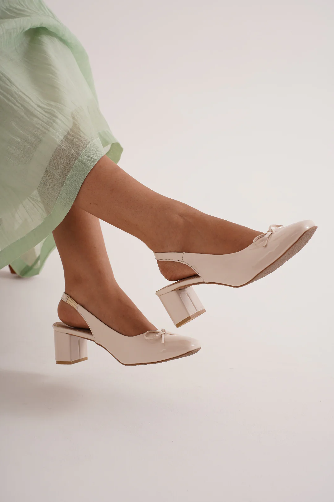 Slingback Glossy Block Heels With Bow