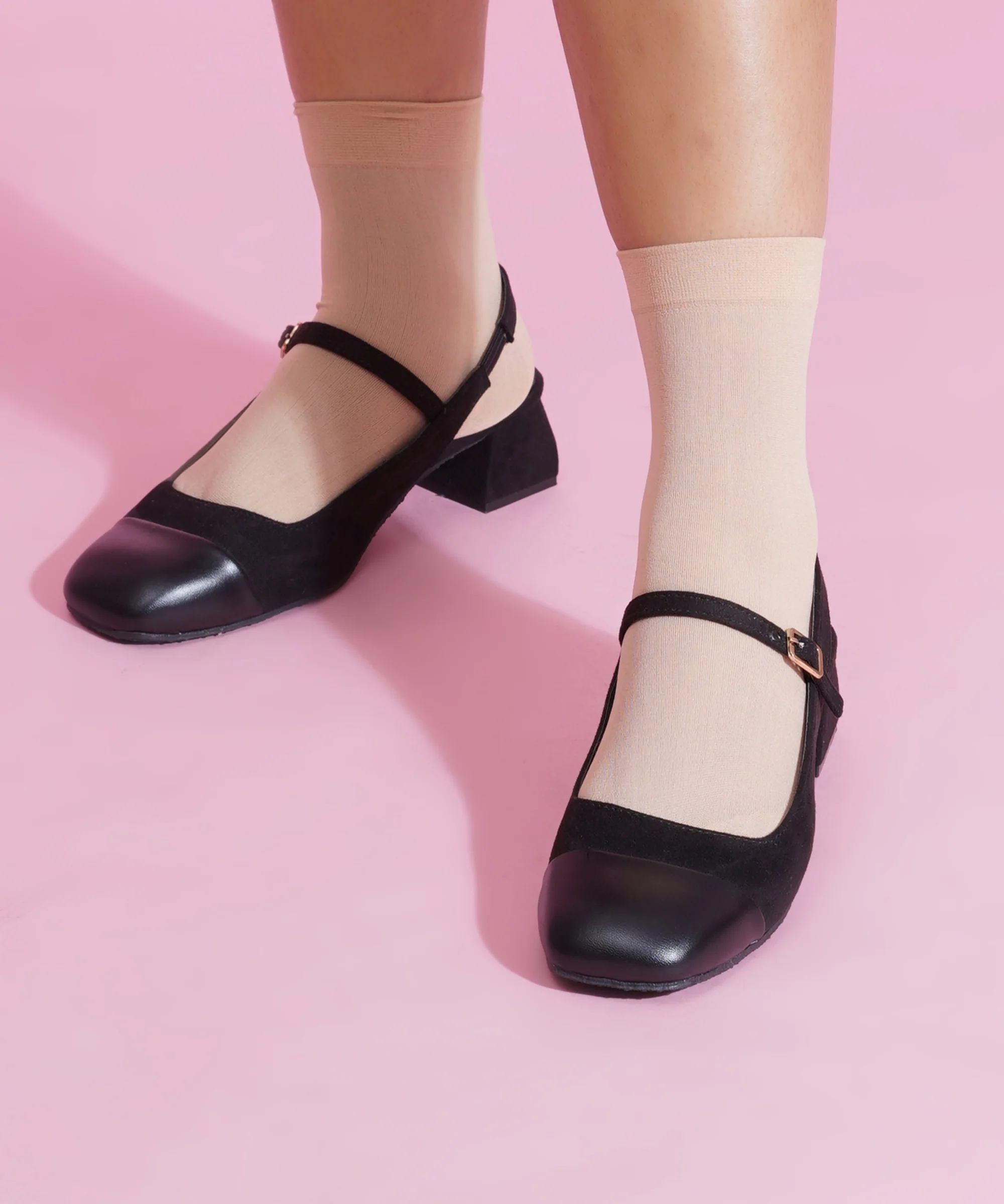 Slingback Glossy Block Heels with Cap Toe and Buckle Strap - Image 4