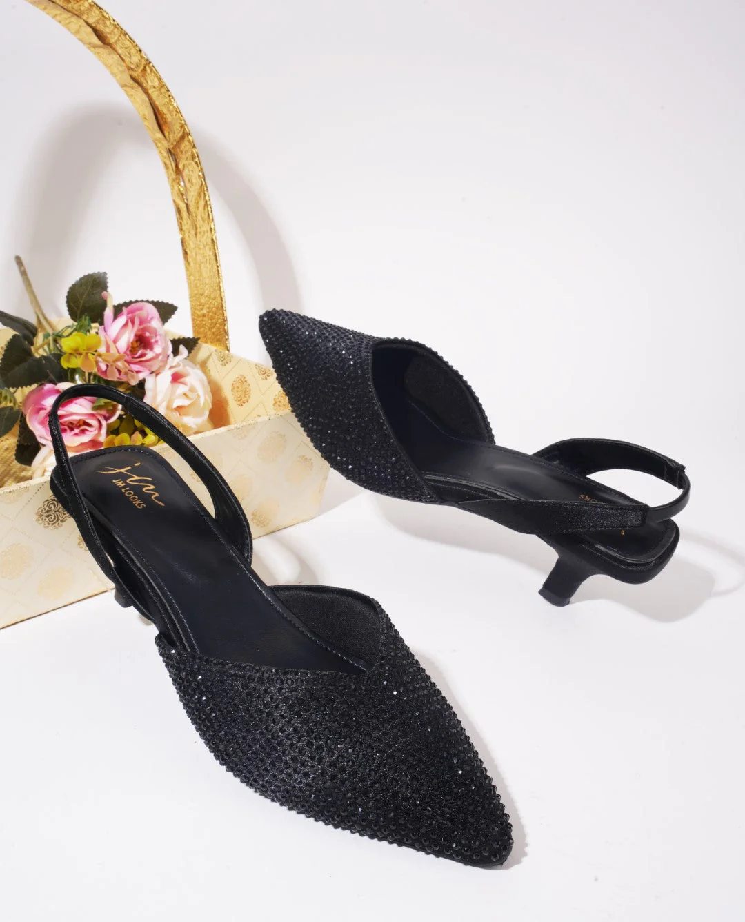 Rhinestone Embellished Pointed Toe Slingback Kitten Heels Mules for Women