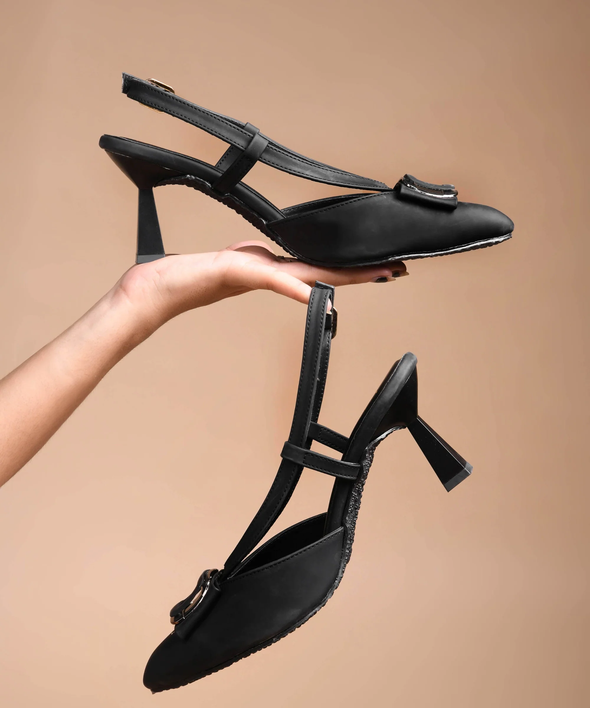 Slingback Kitten Heels with Buckle Detail and Flared Heel