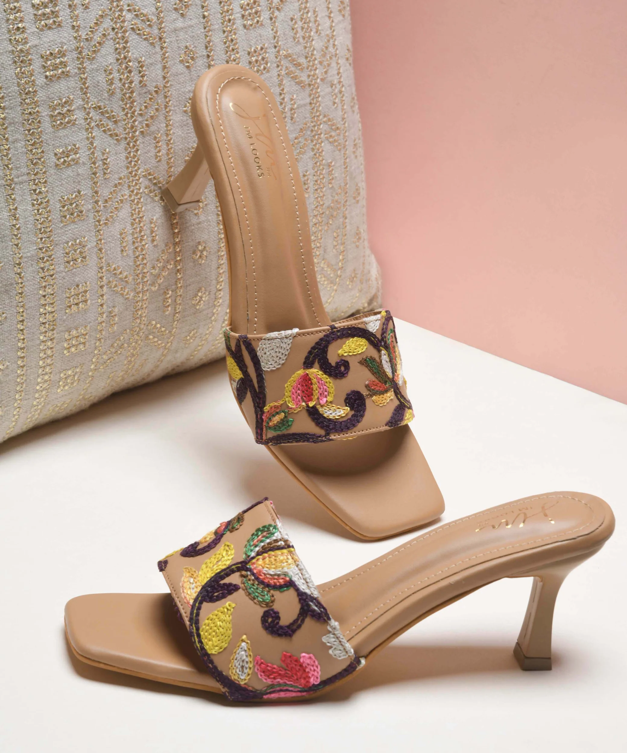 Embroidered Floral Kitten Heels for Women, Square Toe Slip-On Mules
