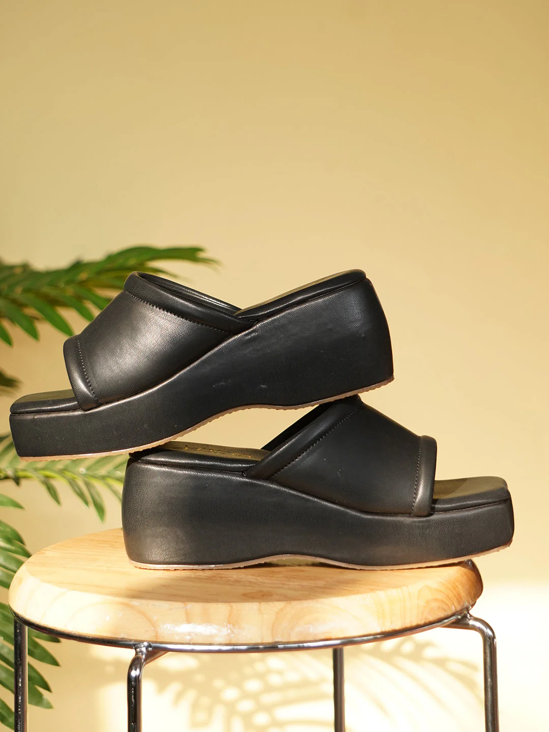 Women Platform Wedge Heels Slip-On Square Toe Comfortable Solid Sole Sandals
