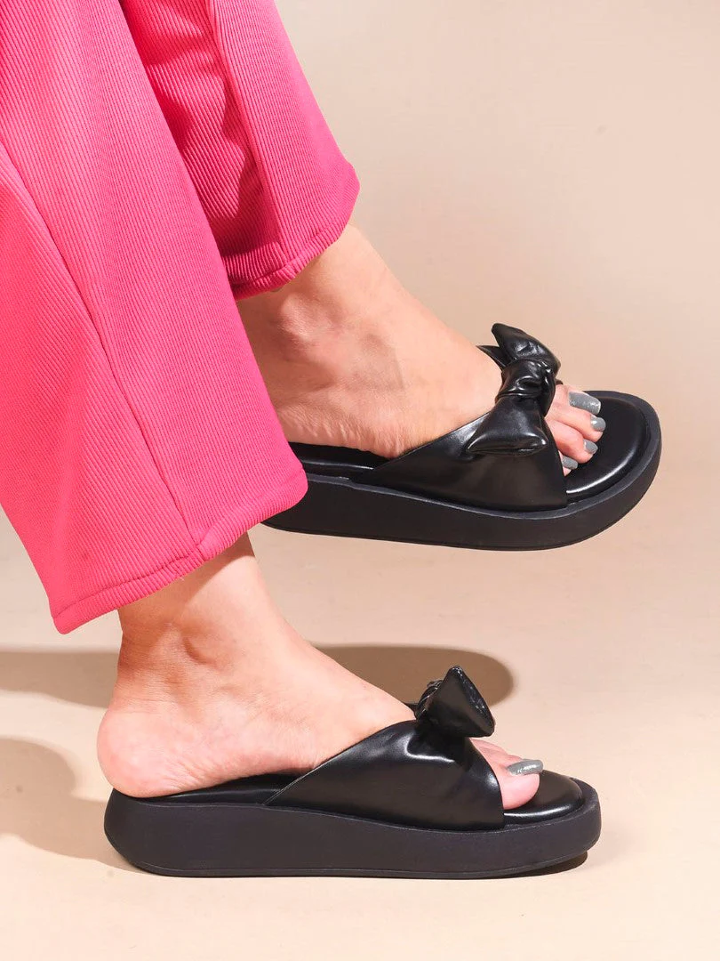 Knotted Bow Flatform Slides Cushioned Platform Sandals for Women | JM Looks - Image 4