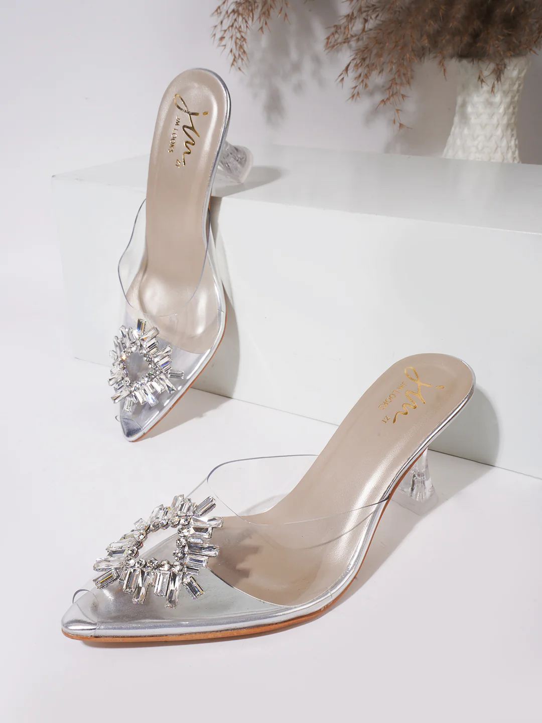 JM Looks Square Rhinestone Flare Transparent Heels