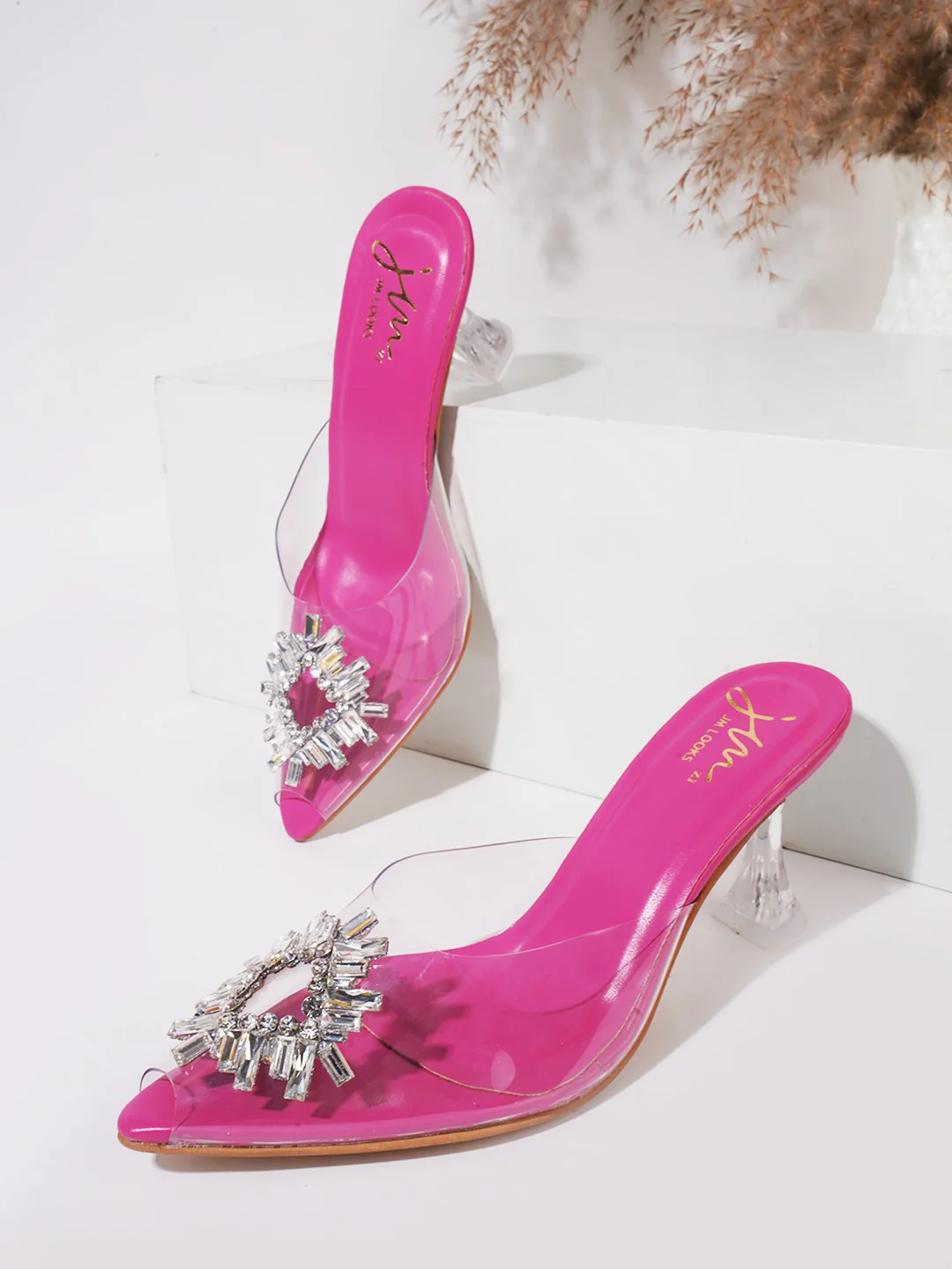JM Looks Square Rhinestone Flare Transparent Heels - Image 2