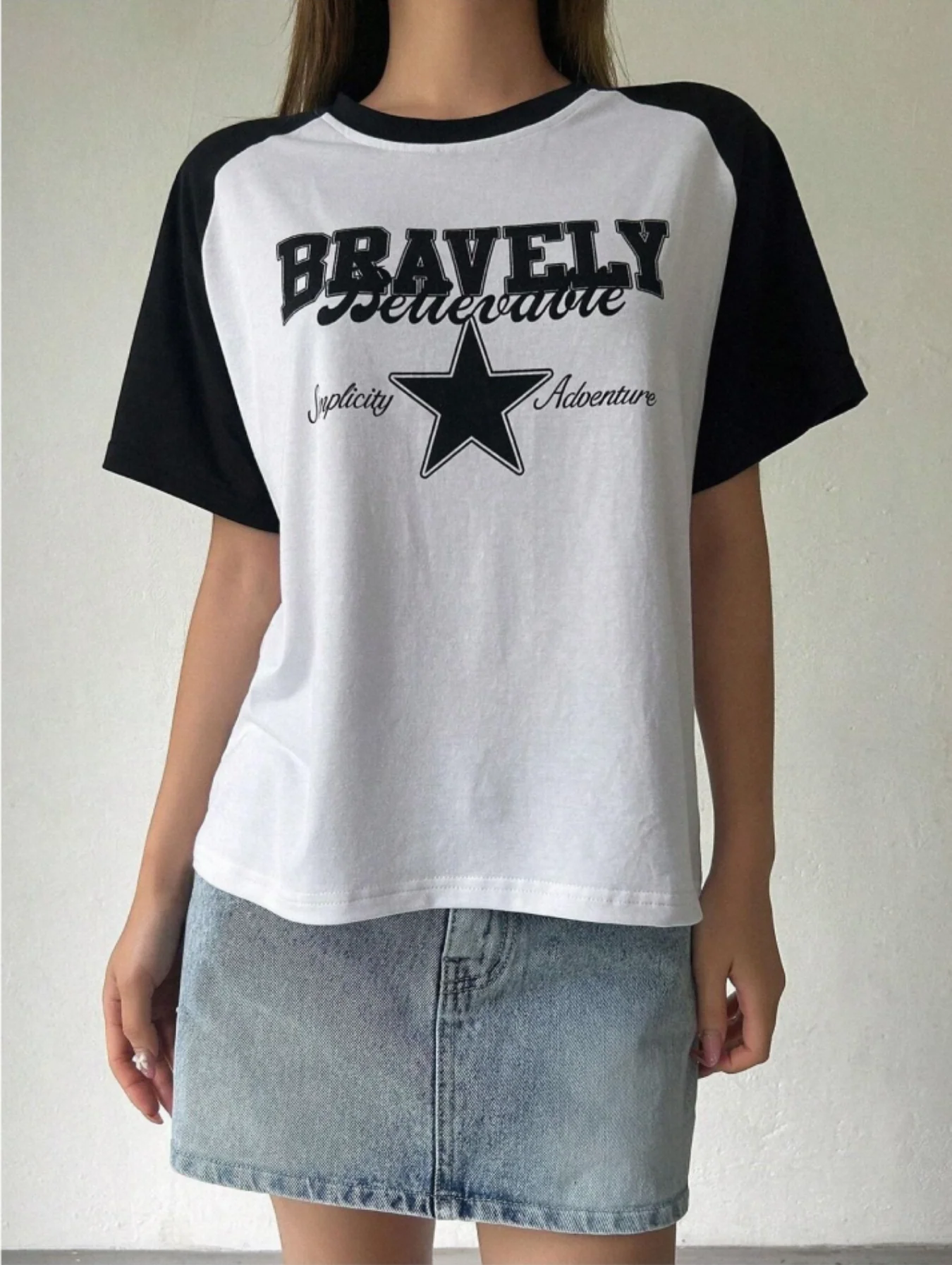 Star & Letter Graphic Contrast Raglan Sleeve T-Shirt - Image 3