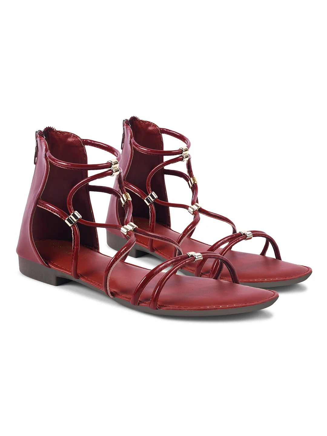 Strappy Gladiator Flat Sandals With Gold-Toned Accents And Zip | JM Looks - Image 11
