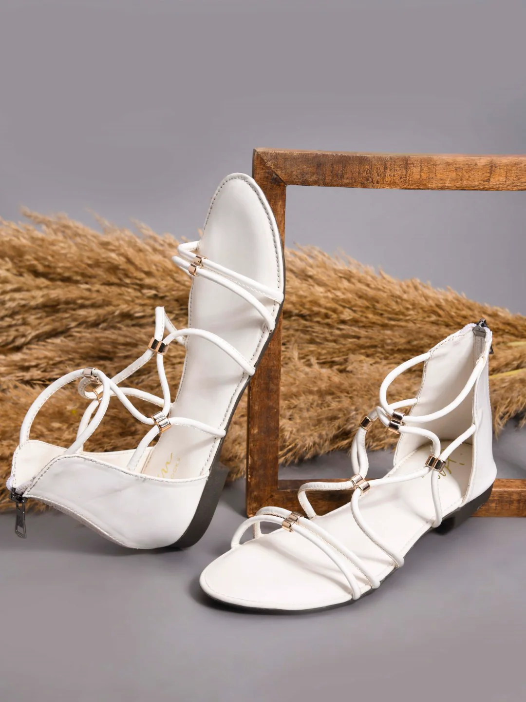 Strappy Gladiator Flat Sandals With Gold-Toned Accents And Zip | JM Looks - Image 15