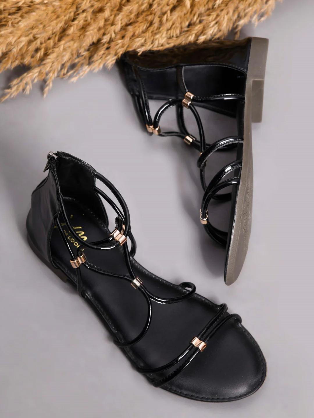 Strappy Gladiator Flat Sandals With Gold-Toned Accents And Zip | JM Looks - Image 2