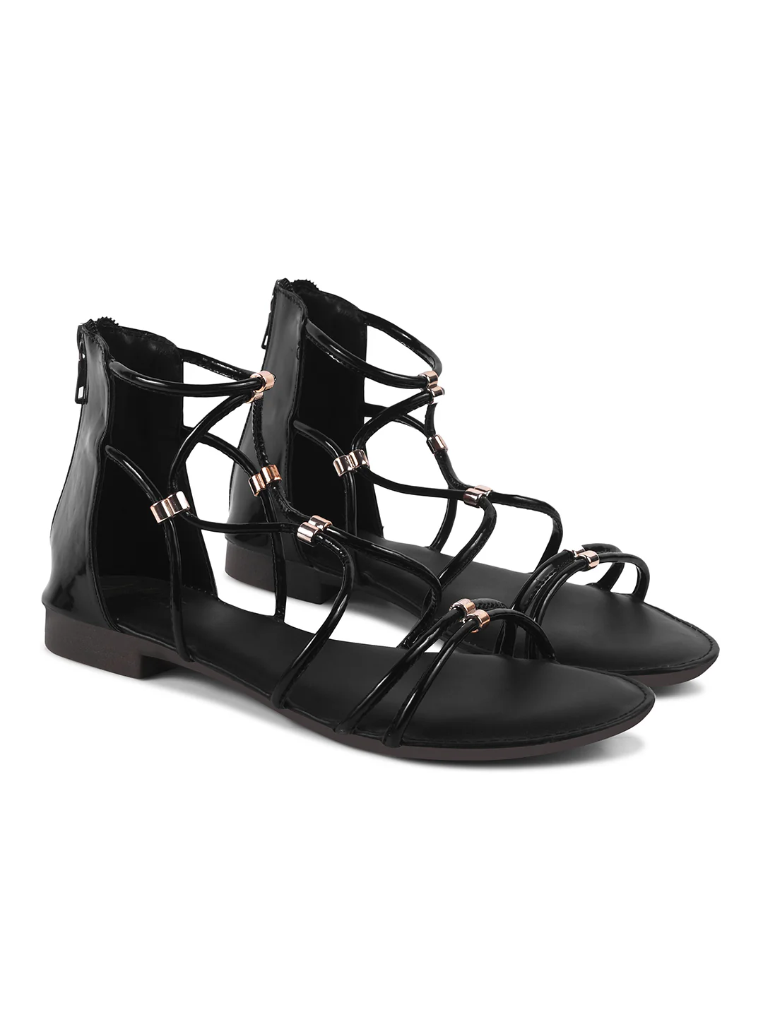 Strappy Gladiator Flat Sandals With Gold-Toned Accents And Zip | JM Looks - Image 5