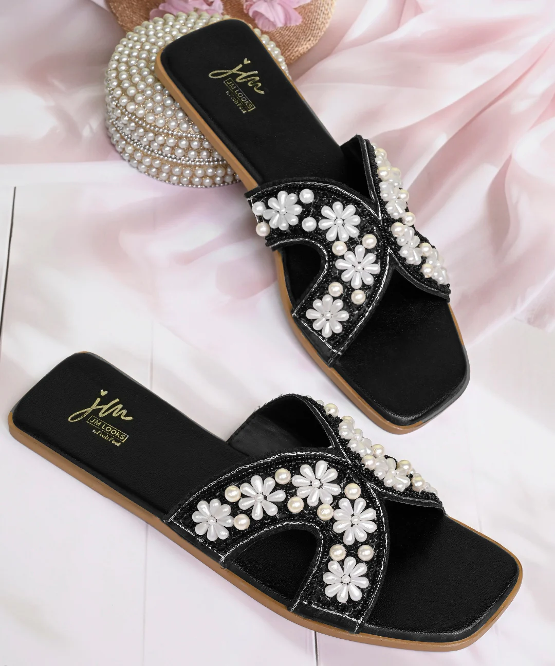 Stylish Pearl Accent Open Slides