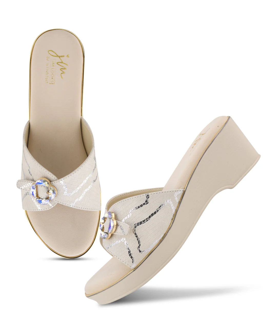 Textured Crystal Floral Buckle Open Toe Platform Wedge Sandals Heels for Women - Image 13