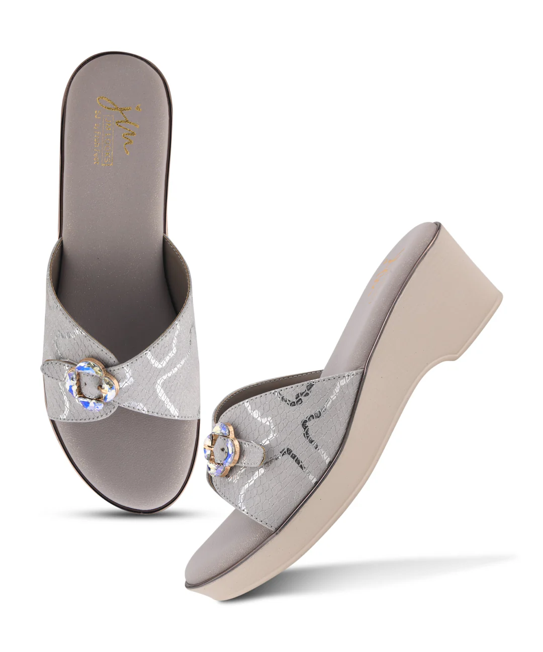 Textured Crystal Floral Buckle Open Toe Platform Wedge Sandals Heels for Women - Image 15