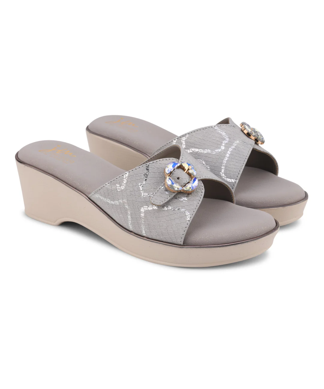 Textured Crystal Floral Buckle Open Toe Platform Wedge Sandals Heels for Women - Image 16