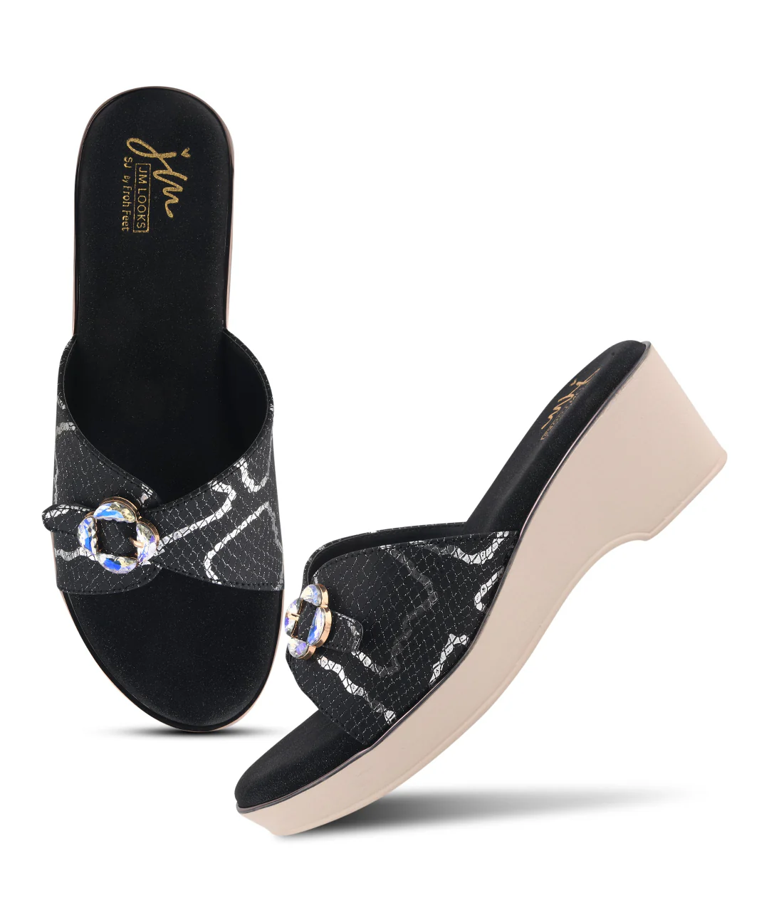 Textured Crystal Floral Buckle Open Toe Platform Wedge Sandals Heels for Women - Image 6