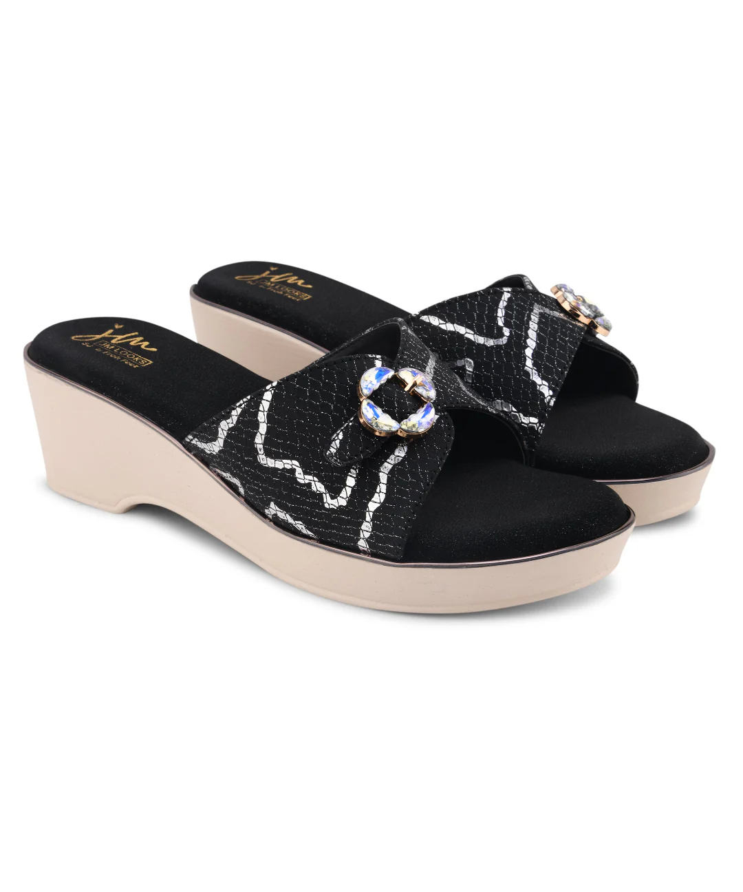 Textured Crystal Floral Buckle Open Toe Platform Wedge Sandals Heels for Women - Image 7