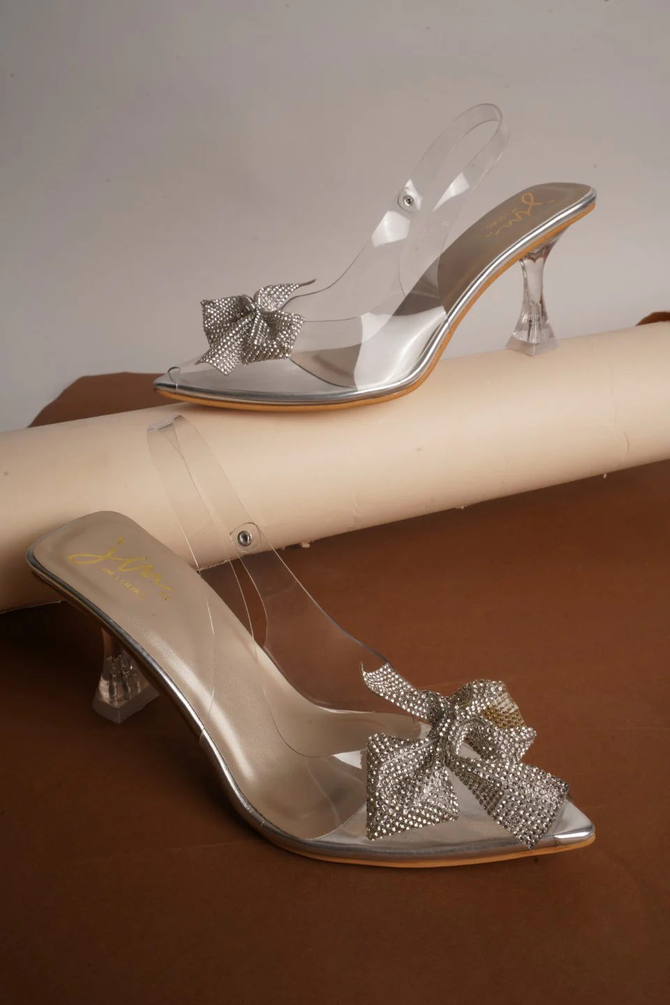 Transparent Heel Sandals for Women with Rhinestone Bow Slingback