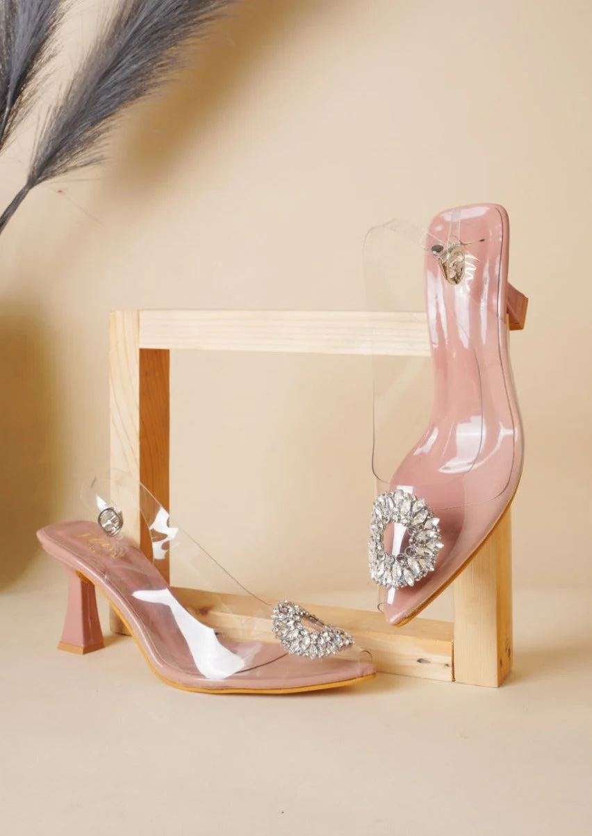 Crystal Embellished Transparent Heels for Women with Pointed Toe Slingback