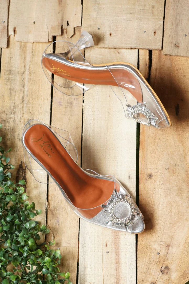 Transparent Kitten Heels for Women with Crystal Brooch Pointed Toe - Image 2
