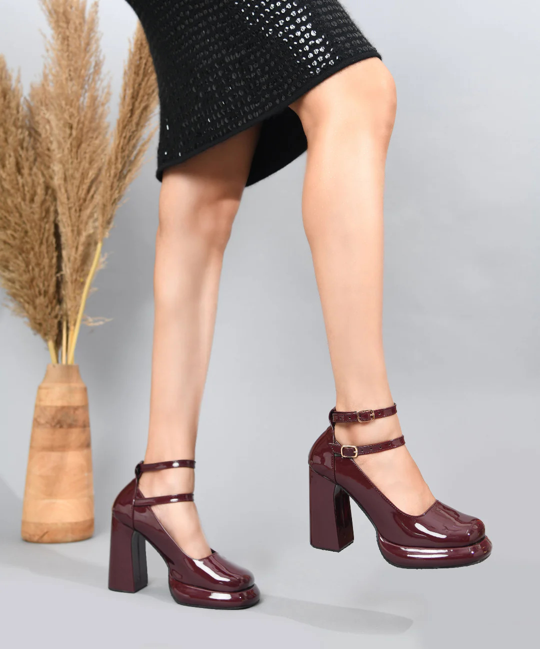 Glossy Patent Mary Jane Platform Block Heels with Double Buckle Ankle Straps - Image 2