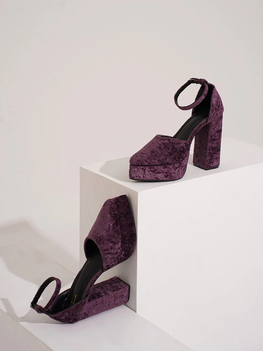 Women Pointed Toe Velvet Platform Block Heels with Ankle Strap - Image 6