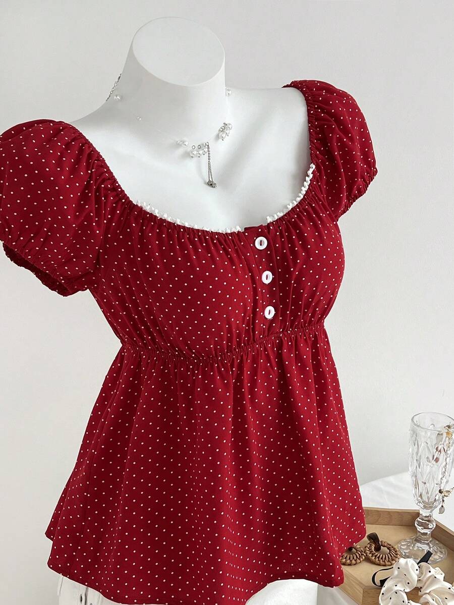 Elegant Dot Print Puff Sleeve Top - Image 2